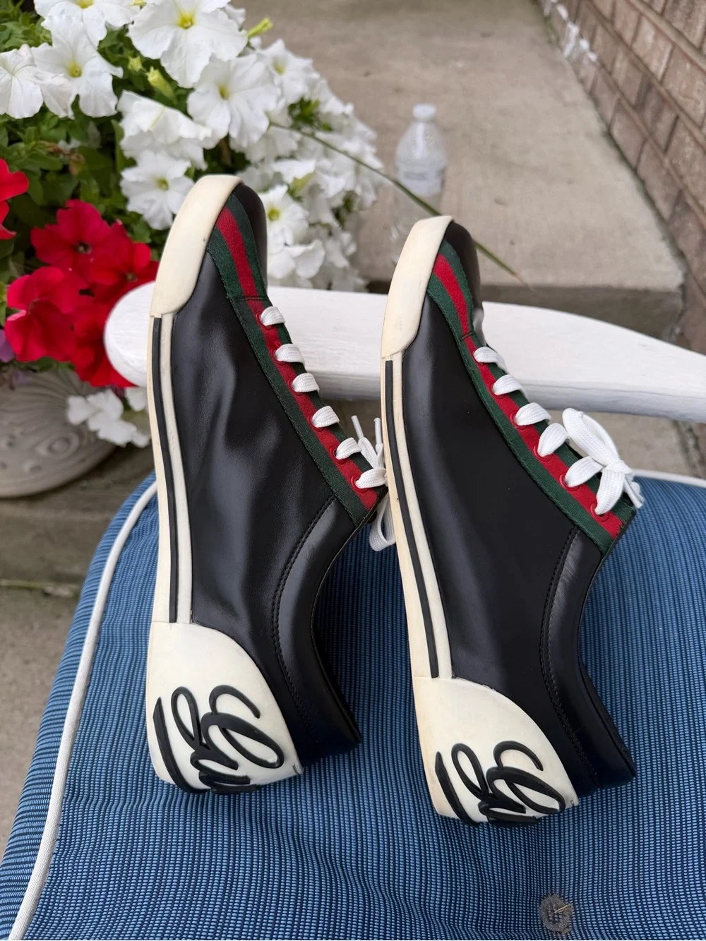 Black Leather Low-Top Sneakers with Red & Green Stripe